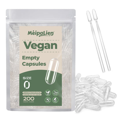 Meipalian vegan empty capsules packaging with capsules and a measuring tool on a white background