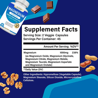 Magnesium Complex Supplement - 1000mg with 7 Magnesium Forms Including Glycinate, Citrate, Malate, Taurate & Orotate - Supports Relaxation, Muscle Function & Bone Strength - 90 Capsules Royalee buy supplements Au