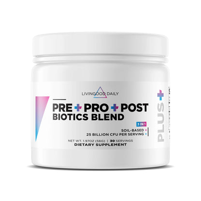 Livingood Daily Pre Pro Post Biotics Blend Powder, Digestive Health Supplement with Prebiotics from Organic Blue Agave Inulin, SBO Probiotics, Probiotics for Women & Men