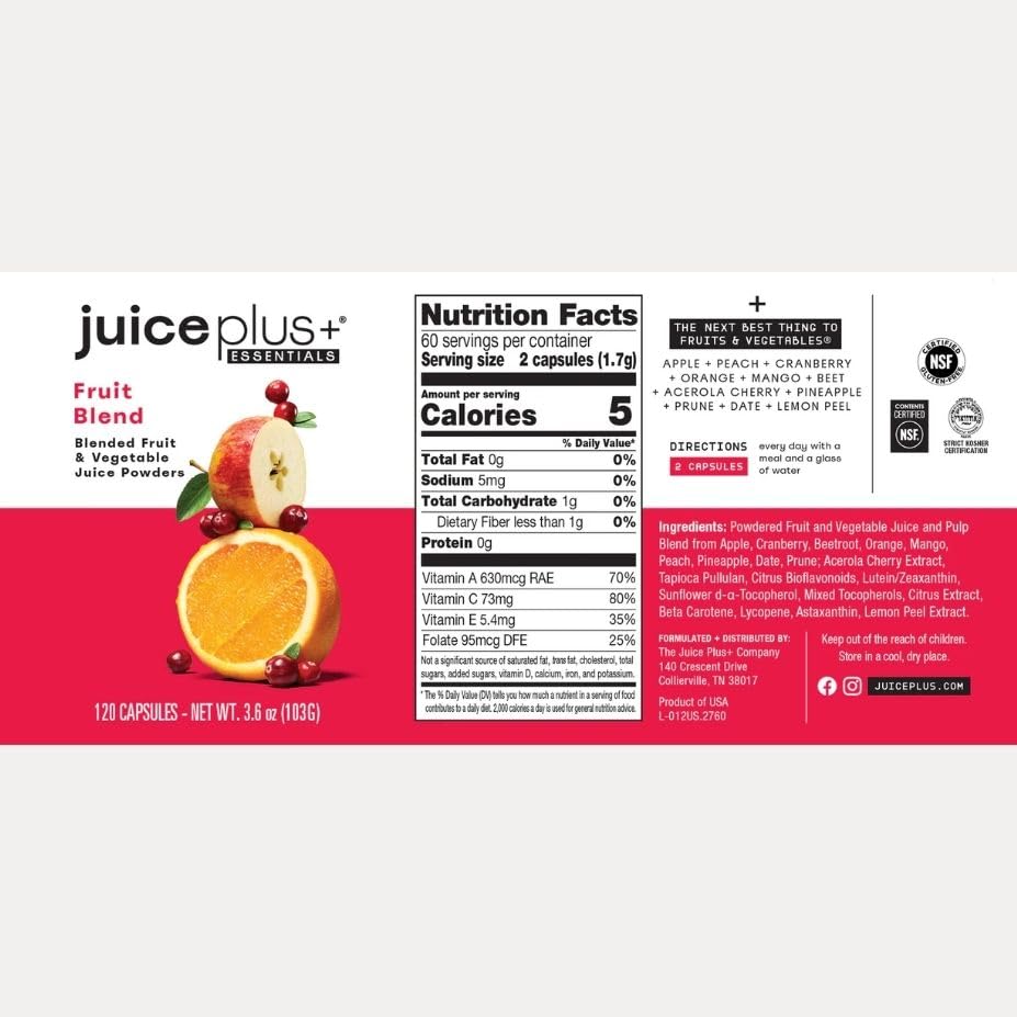 JuicePlus+ Fruit Blend: Plant-Based Whole Food Supplement with Apple, Peach, Cranberry, & More! - Vegan, Gluten-Free, Non-GMO, Kosher - Packed with Plant-Based Vitamins - 1 Bottle (60 Servings) Juice Plus+ buy supplements Au