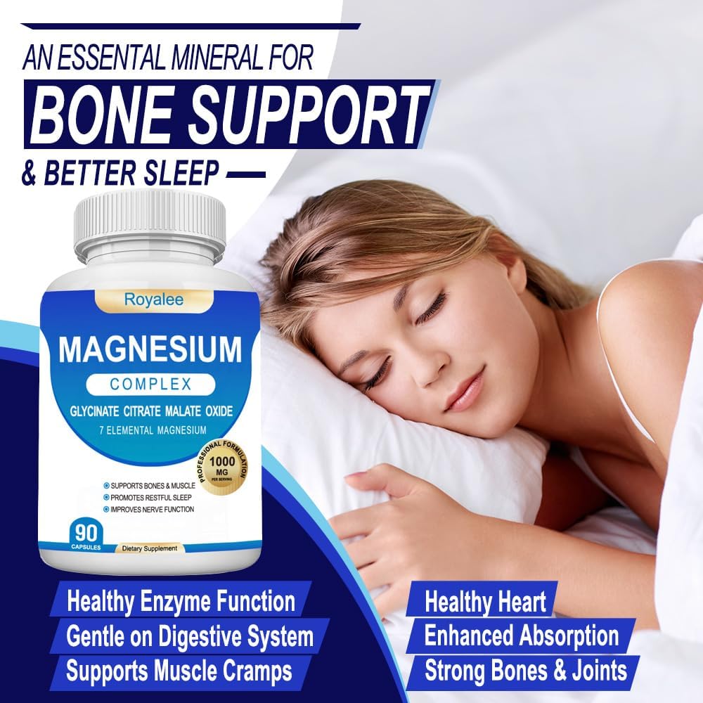 Magnesium Complex Supplement - 1000mg with 7 Magnesium Forms Including Glycinate, Citrate, Malate, Taurate & Orotate - Supports Relaxation, Muscle Function & Bone Strength - 90 Capsules Royalee buy supplements Au