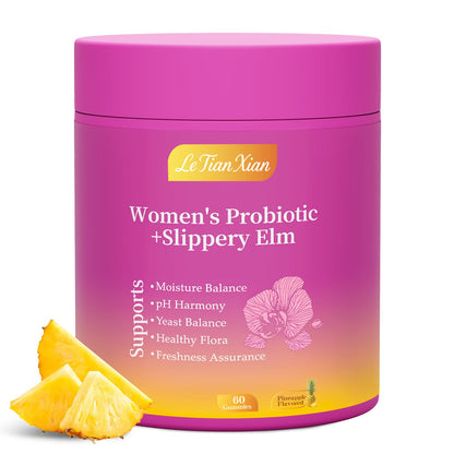 Purple container of Le Tian Xian Women's Probiotic + Slippery Elm with pineapple slices on a white background