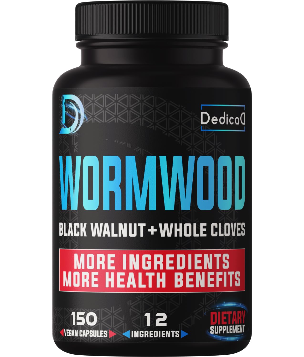 Black bottle of Dedicac Wormwood supplement with text on a white background