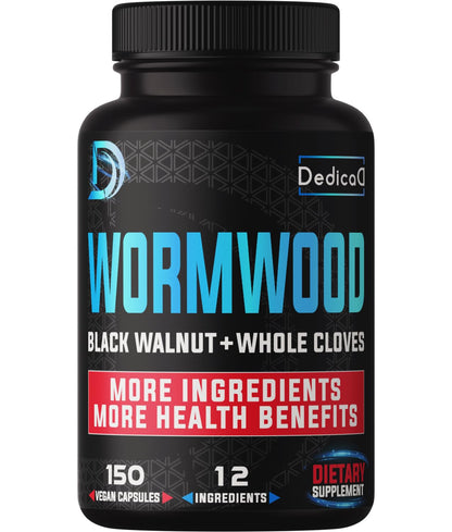 Black bottle of Dedicac Wormwood supplement with text on a white background