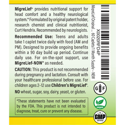 MigreLief Original Triple Therapy with Puracol - Nutritional Support for Migraine Sufferers - 60 Caplets/1 Month Supply MigreLiefBuy Supplements Australia