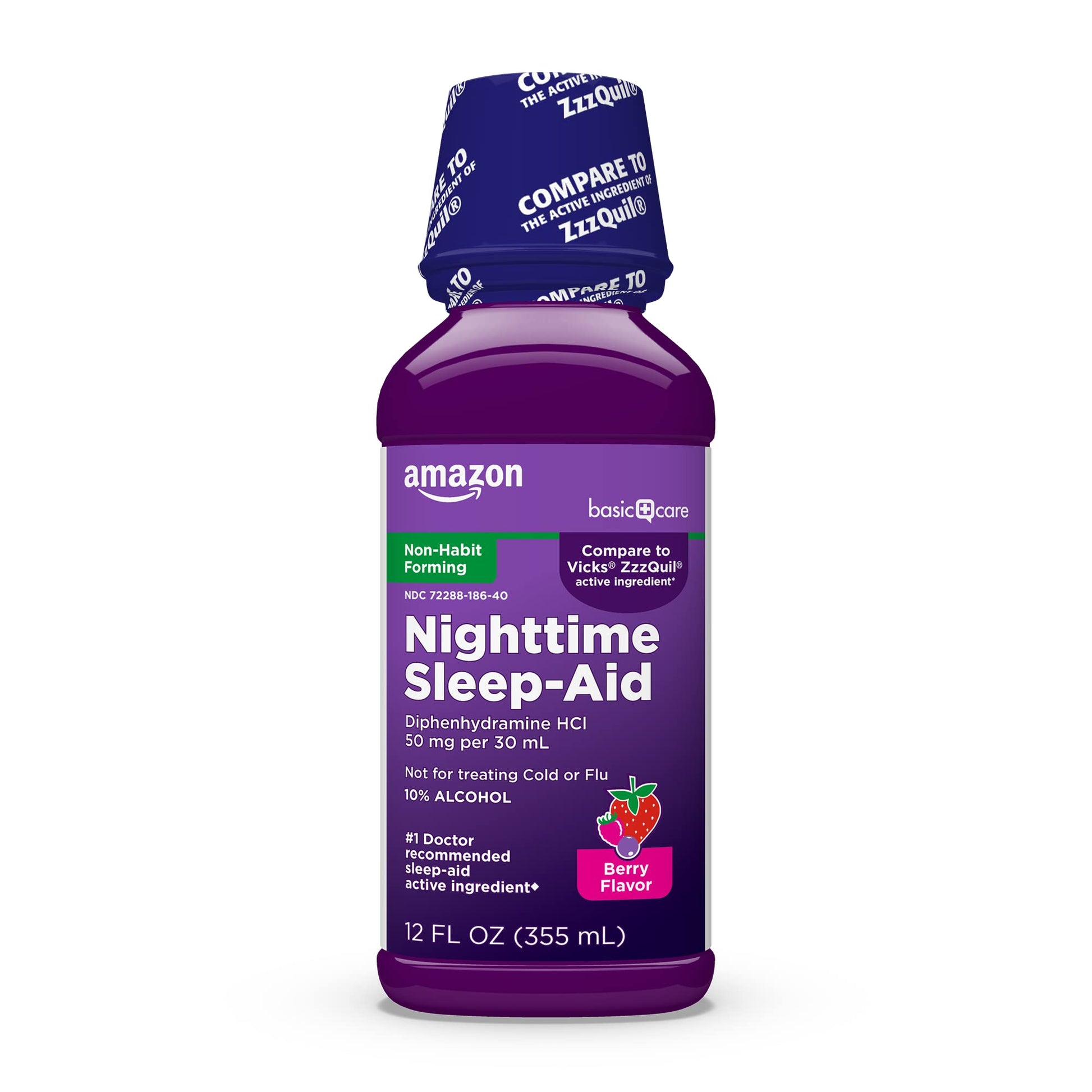 Amazon Basic Care Nighttime Sleep-Aid Liquid for Adults, Helps Fall Asleep Fast, Diphenhydramine HCl 50 mg, Mixed Berry Flavor, 12 fl oz (Pack of 1) Amazon Basic Care buy supplements Au