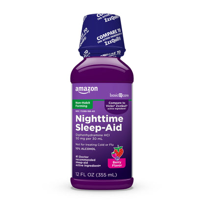 Amazon Basic Care Nighttime Sleep-Aid Liquid for Adults, Helps Fall Asleep Fast, Diphenhydramine HCl 50 mg, Mixed Berry Flavor, 12 fl oz (Pack of 1) Amazon Basic Care buy supplements Au