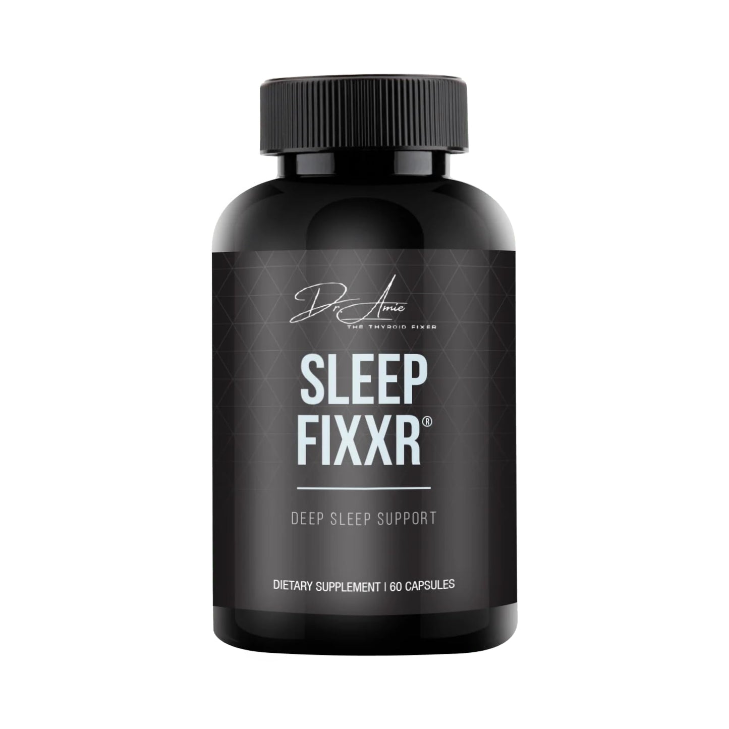 Black bottle of Sleep Fixxr dietary supplement on a white background