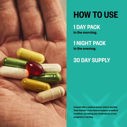 ONNIT Total Human Adult Multivitamin Comprehensive Capsule Packs with Day and Night Support, Daily Vitamin Packs for Men and Women, Dietary Supplement Capsules, 30-Day Supply, 60 Packs ONNITBuy Supplements Australia