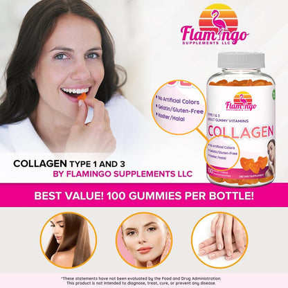 Collagen Gummies- Natural Marine Collagen for Women, and Men- Collagen Supplements for Skin Hair, Nails- Hydrolyzed Type 2 & 1 3- Replace Pills and Powders - No Gelatin, Kosher, Halal- 100 Ct. Flamingo Supplements buy supplements Au