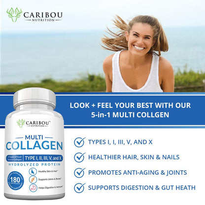 Multi Collagen Pills - 180 Collagen Pills - Type I, II, III, V & X Collagen Capsules - Unique Blend of Collagen Peptides Capsules - Wild Fish, Eggshell,