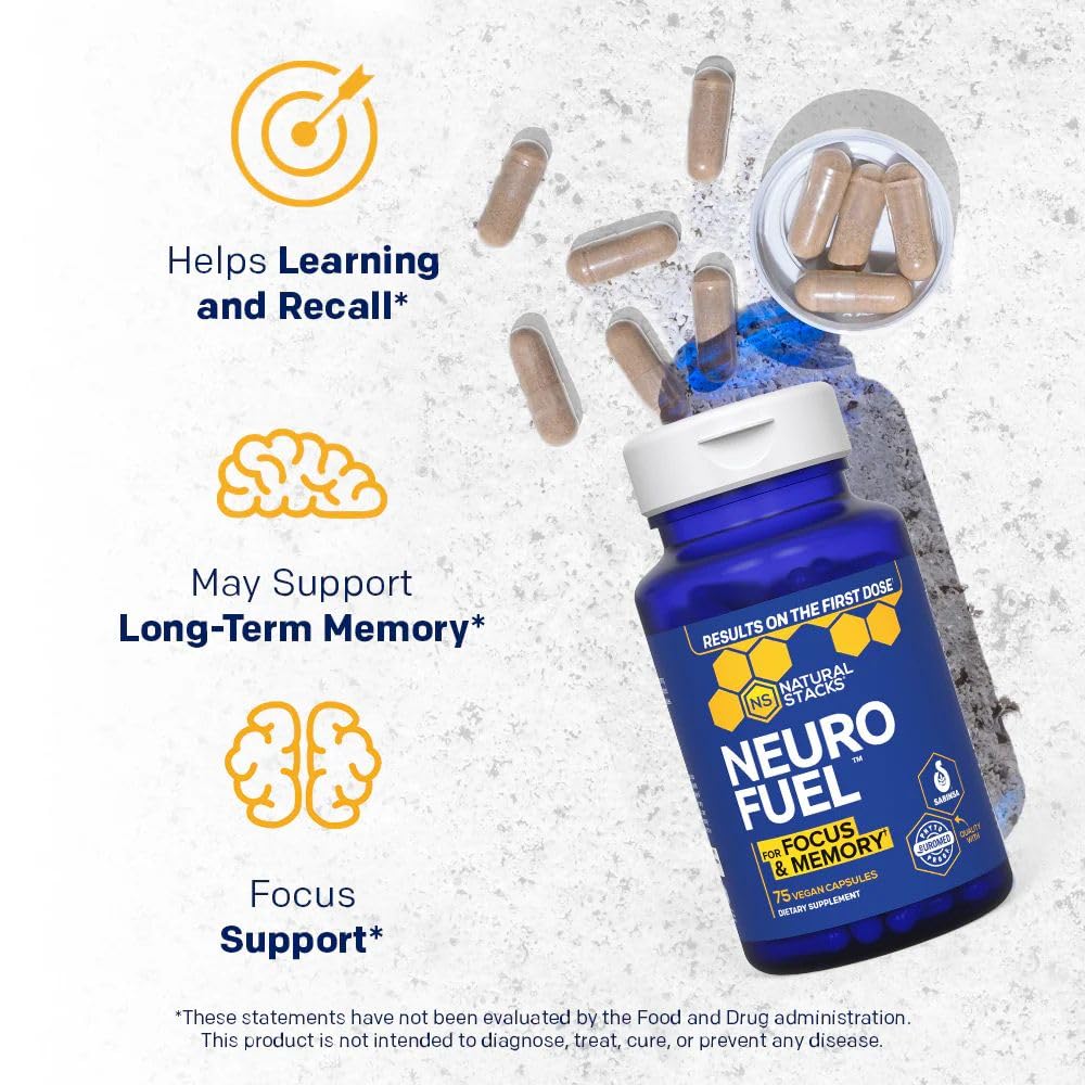 NATURAL STACKS Original NeuroFuel Nootropic Brain Support Supplement - 750mg L-Carnitine & 500mg L-Phenylalanine - Brain Supplement for Memory and Focus* - 75 Focus Pills NATURAL STACKS buy supplements Au