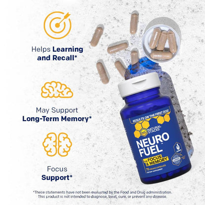 NATURAL STACKS Original NeuroFuel Nootropic Brain Support Supplement - 750mg L-Carnitine & 500mg L-Phenylalanine - Brain Supplement for Memory and Focus* - 75 Focus Pills NATURAL STACKS buy supplements Au