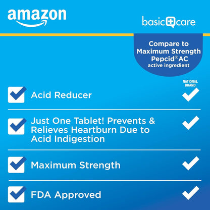 Amazon Basic Care Maximum Strength Famotidine Tablets 20 mg, Acid Reducer for Heartburn Relief, Prevents & Relieves Acid Indigestion, Heartburn Medicine, 12 Hour Protection, 200 Count Amazon Basic Care buy supplements Au