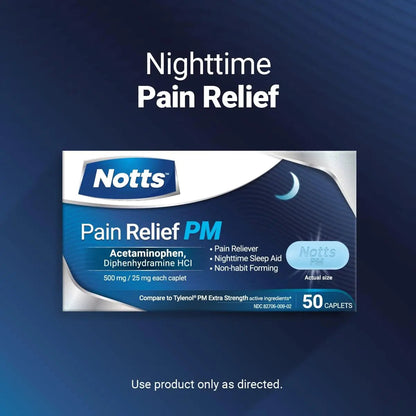 NOTTS PM Extra Strength Pain Relief & Sleep Aid, 500mg Acetaminophen & 25mg Diphenhydramine HCl, 50 Caplets for Nighttime Aches, Headaches & Body Pain, Non-Habit Forming (Pack of 2) NOTTSBuy Supplements Australia