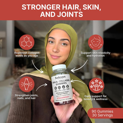 Sakoon nutrition Halal Certified Collagen Peptides Gummies | (Type I, II & III) Collagen Gummies for Women & Men | 90 Naturally Flavoured Strawberry Gummy to Support Hair, Skin, Joints & Nails | USA Sakoon nutrition buy supplements Au