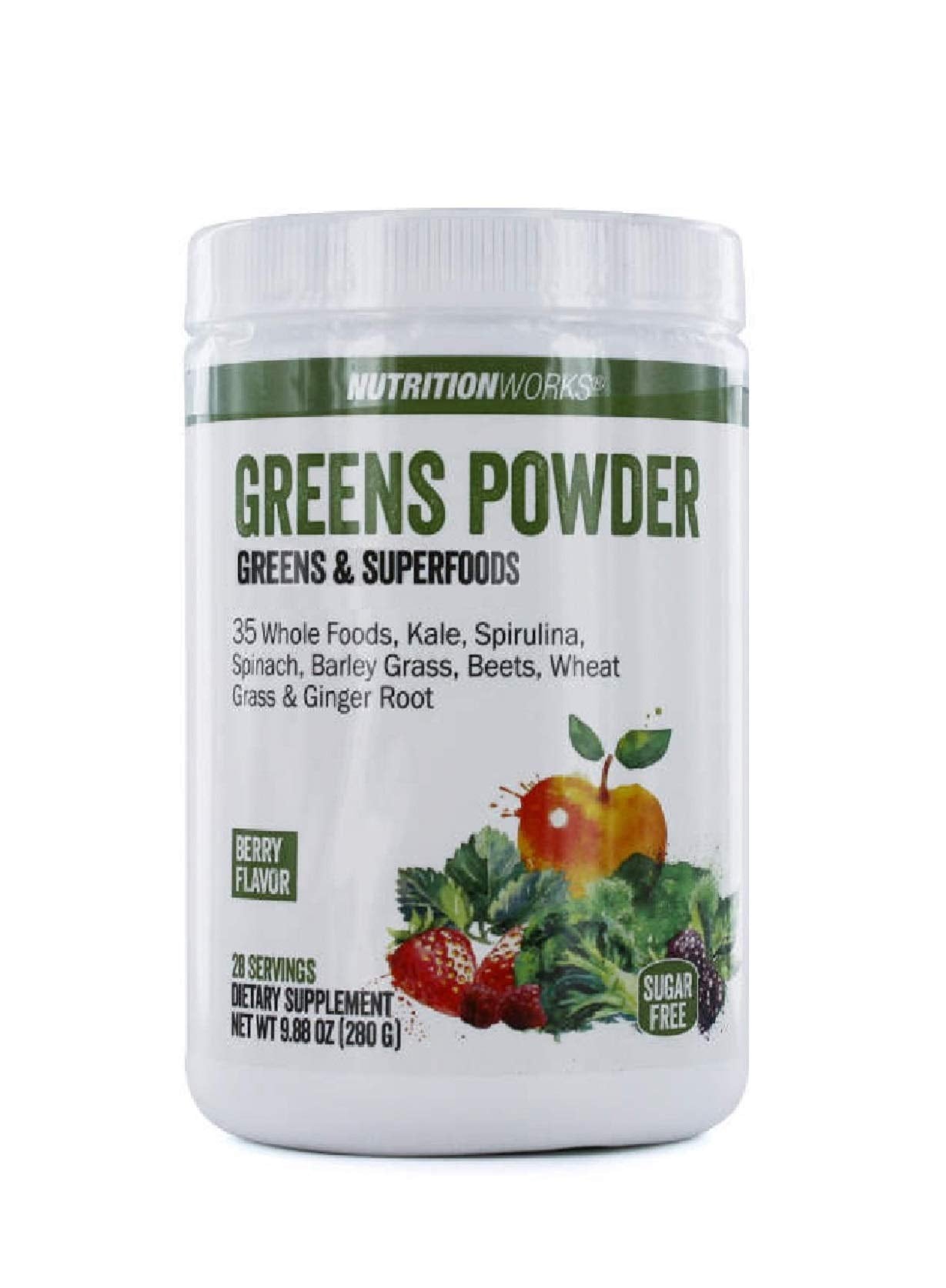 Container of Nutrition World Greens Powder on a white background