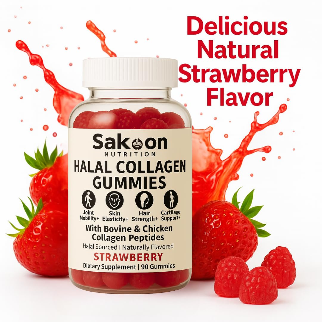 Sakoon nutrition Halal Certified Collagen Peptides Gummies | (Type I, II & III) Collagen Gummies for Women & Men | 90 Naturally Flavoured Strawberry Gummy to Support Hair, Skin, Joints & Nails | USA Sakoon nutrition buy supplements Au