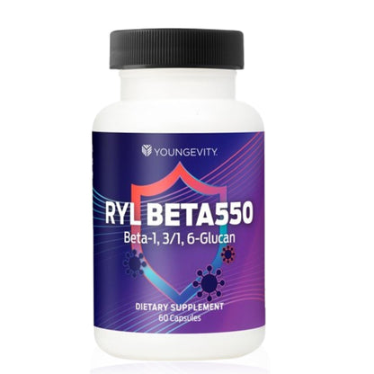 Supplement bottle labeled 'RYL BETA550' by Youngevity on a white background