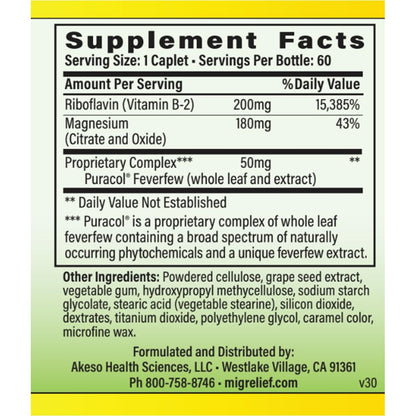 MigreLief Original Triple Therapy with Puracol - Nutritional Support for Migraine Sufferers - 60 Caplets/1 Month Supply MigreLiefBuy Supplements Australia
