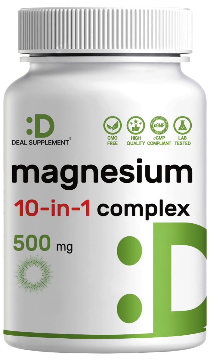 Supplement bottle labeled 'magnesium 10-in-1 complex' with branding on a white background