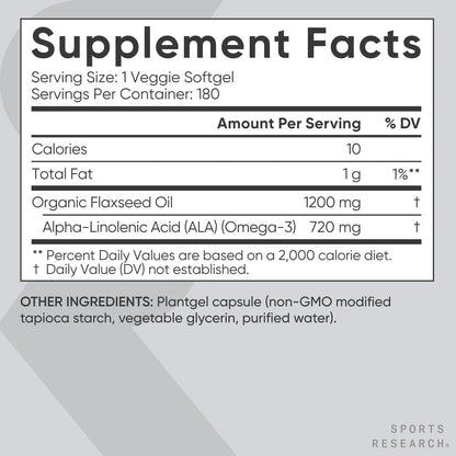 Sports Research® Vegan Flaxseed Oil (1200mg) Herbal Supplement with Plant-Based ALA Omega 3 - Vegan Certified & Non-GMO Verified - Gluten, Soy & Carrageenan Free (180 Veggie Softgels) Sports Research buy supplements Au