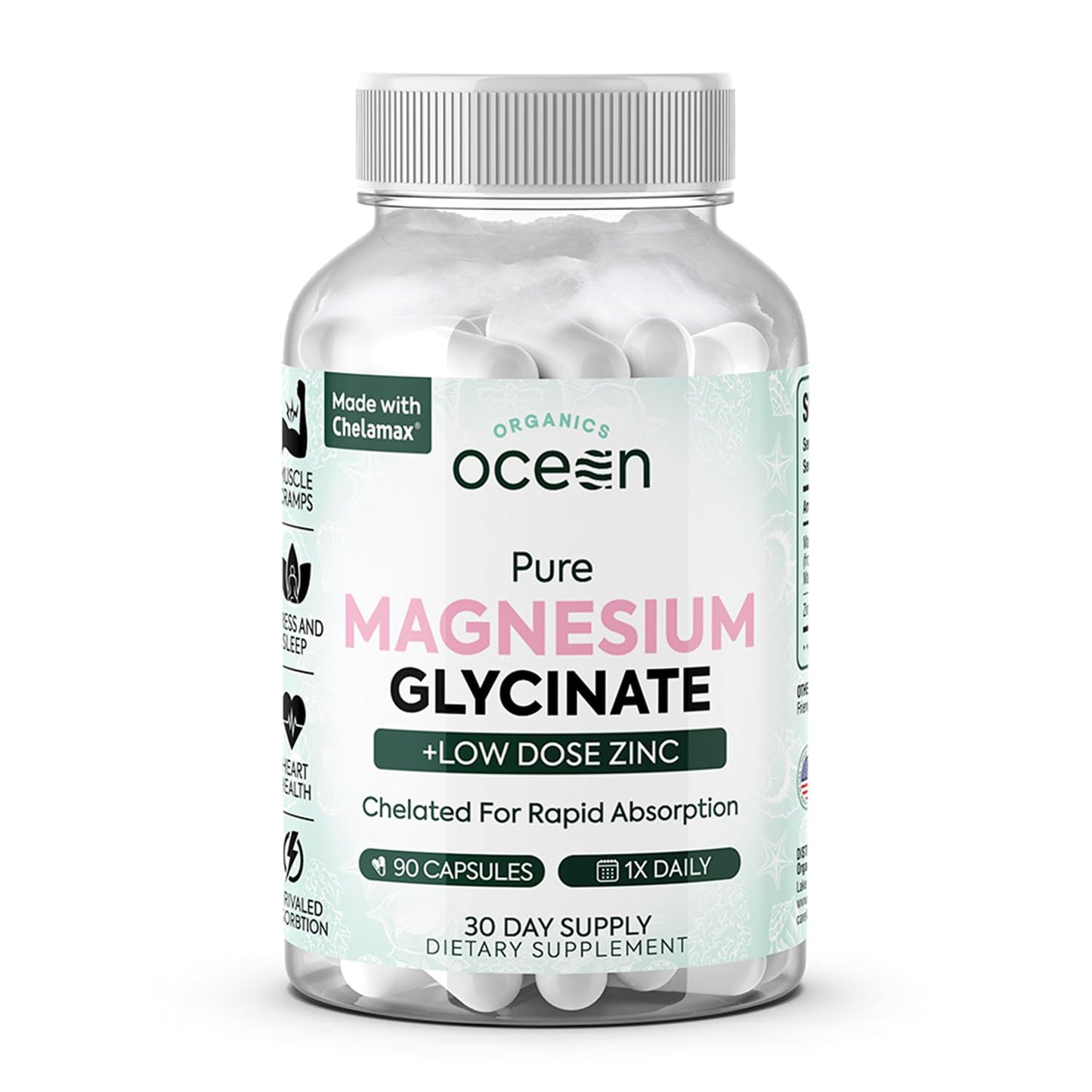 Organics Ocean Pure Magnesium Glycinate with Zinc - Maximum Strength Chelated Magnesium Supplement for Women and Men