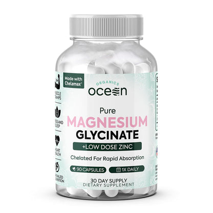 Organics Ocean Pure Magnesium Glycinate with Zinc - Maximum Strength Chelated Magnesium Supplement for Women and Men