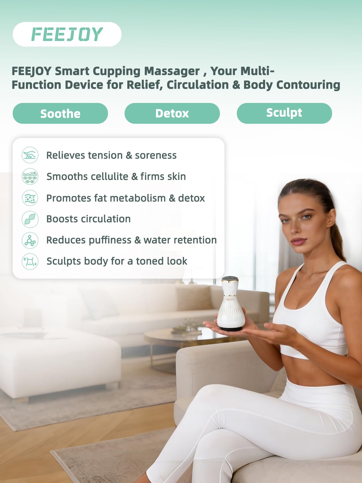 FEEJOY Electric Lymphatic Drainage Massager with Pulse Therapy & Heat – 12-Level Cupping Massage Device for Cellulite Reduction, Body Sculpting, Deep Tissue Pain Relief & Muscle Recovery, White FEEJOY buy supplements Au