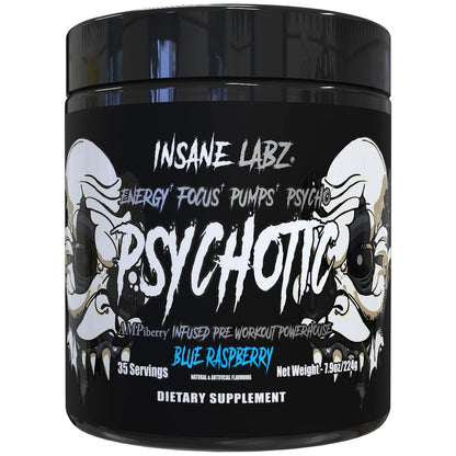 Insane Labz Psychotic Black Edition Mid Stimulant Pre Workout Powder, Energy Focus Pumps, Loaded with Creatine Beta Alanine Taurine Fueled by AMPiberry, 35 Servings (Blue Raspberry)