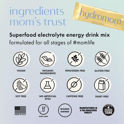 Boobie Hydromom Superfood Electrolyte Drink Mix, Blue Raspberry Lemonade | Refreshing Energy & Hydration Boost for Mamas | On-The-Go & Travel Essentials for Pregnancy,