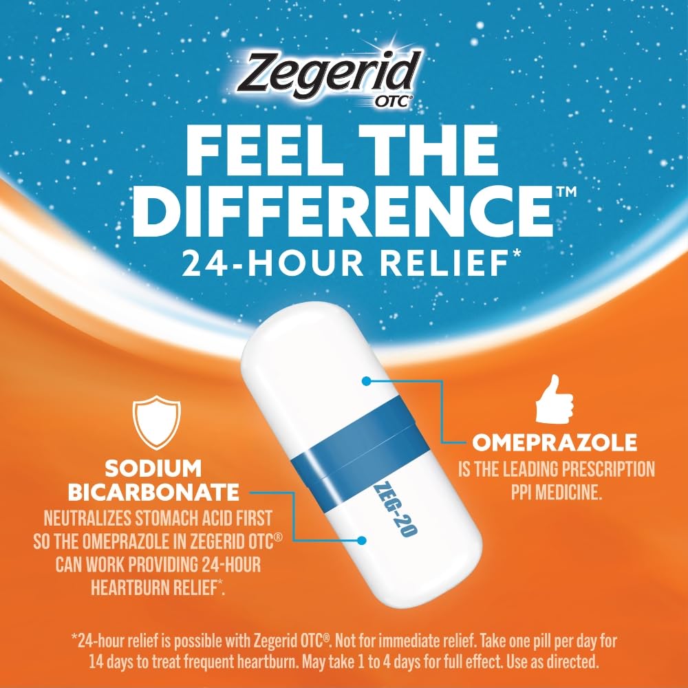 Zegerid OTC, 24-Hour Heartburn Relief, Acid Reflux Medicine and Antacid, Treats Frequent Heartburn, Omeprazole 20mg + Sodium Bicarbonate, Proton Pump Inhibitor (PPI), Two 42ct Cartons Zegerid OTC buy supplements Au