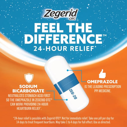 Zegerid OTC, 24-Hour Heartburn Relief, Acid Reflux Medicine and Antacid, Treats Frequent Heartburn, Omeprazole 20mg + Sodium Bicarbonate, Proton Pump Inhibitor (PPI), Two 42ct Cartons Zegerid OTC buy supplements Au