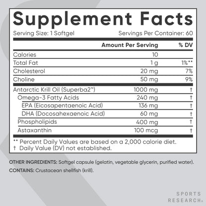 Sports Research Krill Oil Supplement with EPA & DHA Omega 3, Phospholipids & Astaxanthin from Antarctic Krill - Highest Concentration of Krill Oil for Men & Women - 1000mg, 60 Softgel Capsules Sports Research buy supplements Au