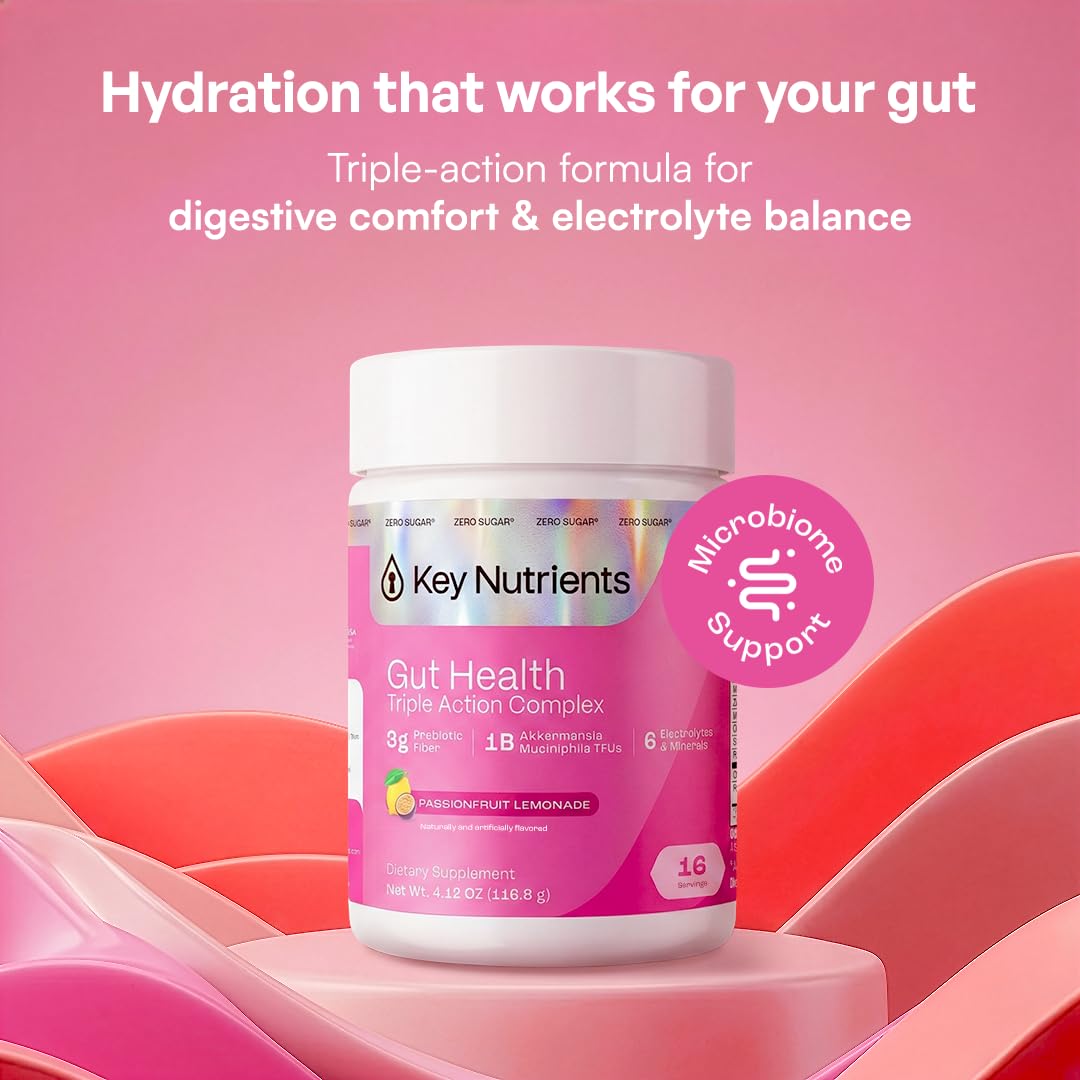 KEY NUTRIENTS Gut Health Hydration – Passionfruit Lemonade, Fiber Supplement with 3g Prebiotic Fiber & Akkermansia Probiotics for Women and Men