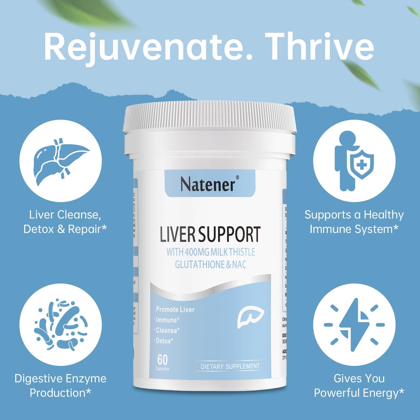 Natener Liver Support with 200mg Milk Thistle, 100mg Glutathione, 100mg NAC, 150mg Tumeric, Dandelion, Artichoke, Liver Cleanse Detox & Repair, Supports Energy*, Immunity & Liver Health*, 60 caps Natener buy supplements Au