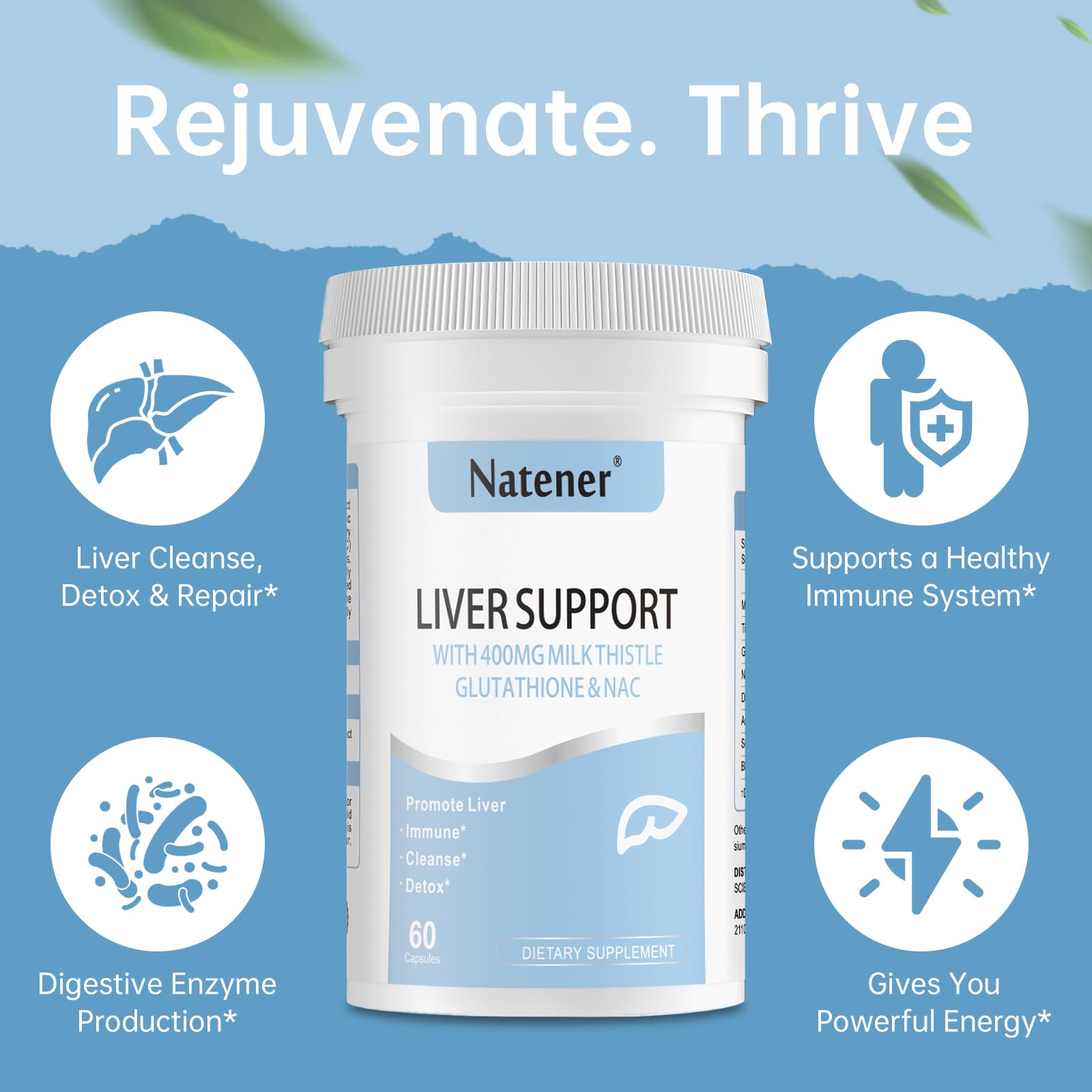 Natener Liver Support with 200mg Milk Thistle, 100mg Glutathione, 100mg NAC, 150mg Tumeric, Dandelion, Artichoke, Liver Cleanse Detox & Repair, Supports Energy*, Immunity & Liver Health*, 60 caps Natener buy supplements Au