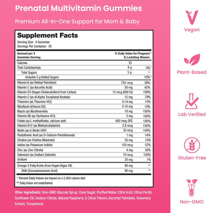 Prenatal Vitamin Gummies with DHA | Vegan Prenatal Vitamins for Women with Omega 3, Methylfolate, Choline & D3, Pregnancy Vitamins for Fetal Development