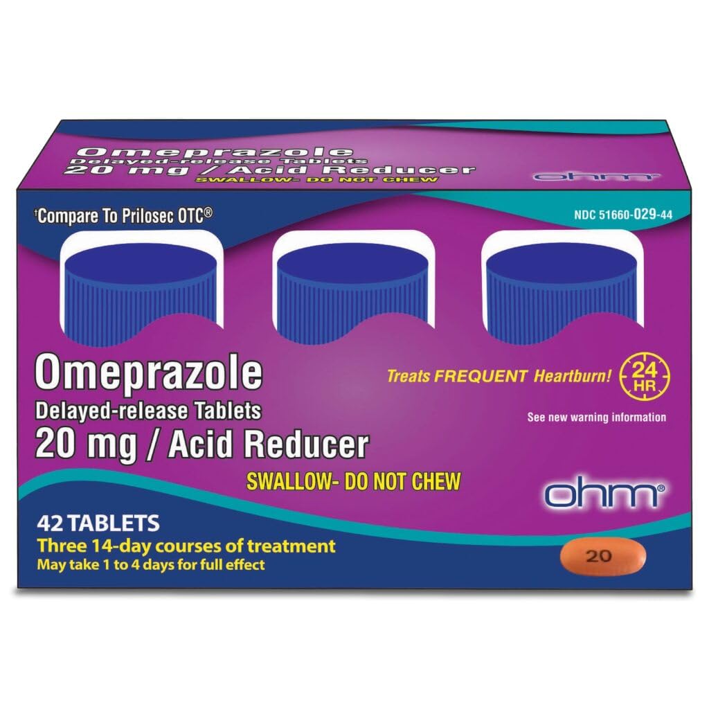Ohm Omeprazole 20mg, 42 Delayed-Release Tablets, Acid Reducer for Frequent Heartburn, 24-Hour Relief Heartburn Medicine, Helps Relieve Stomach & Chest Discomfort (6 Weeks of Supply, 42, Count) Ohm buy supplements Au