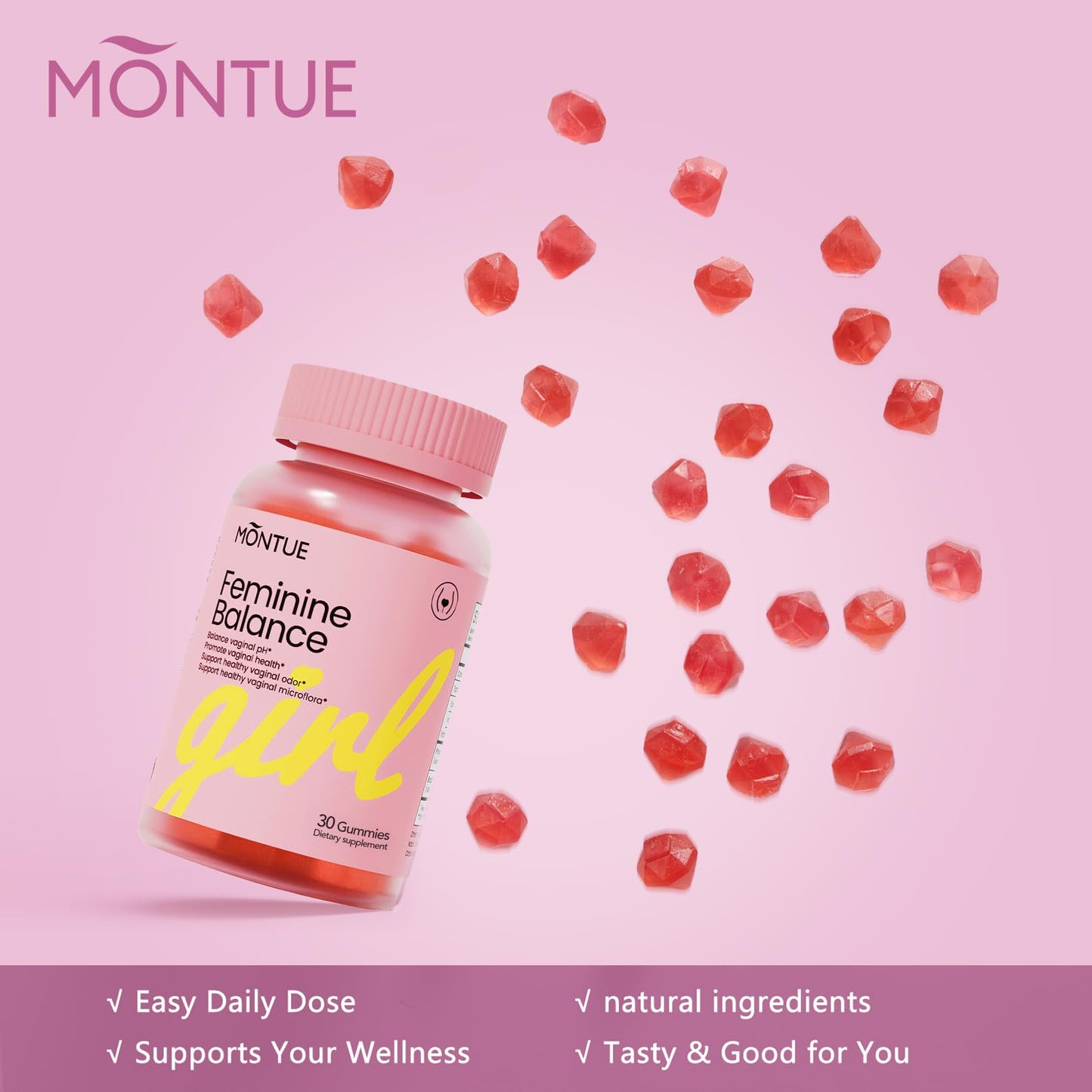 Montue Premium Diamond Feminine Balance Gummies-pH Balance with Prebiotics & Lactobacillus Probiotic Blend&Hawaiian Pineapple Immune Support,Vegan& Non-GMO（30 Gummies） Montue buy supplements Au