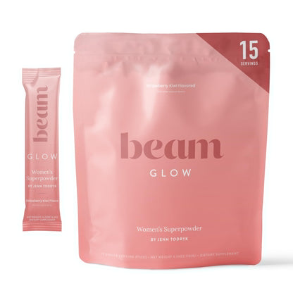 Pink 'beam Glow' packaging for women's superpowder on a white background