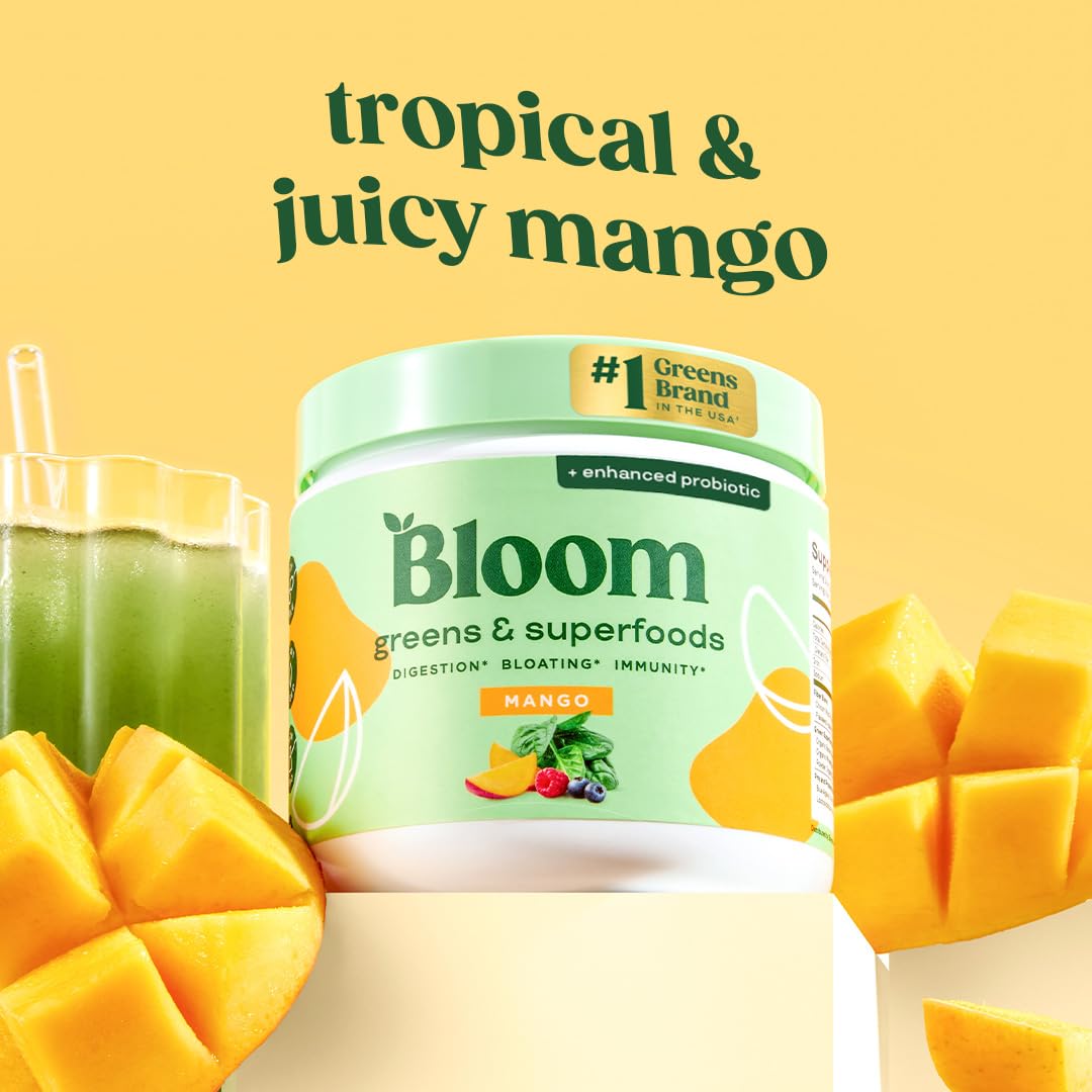 Bloom Nutrition Superfood Greens Powder, Digestive Enzymes with Probiotics and Prebiotics, Gut Health, Bloating Relief for Women, Chlorella, Green Juice Mix with Beet Root Powder, 30 SVG, Mango Bloom Nutrition buy supplements Au