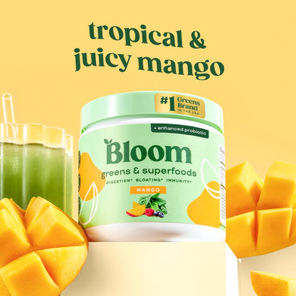 Bloom Nutrition Superfood Greens Powder, Digestive Enzymes with Probiotics and Prebiotics, Gut Health, Bloating Relief for Women, Chlorella, Green Juice Mix with Beet Root Powder, 30 SVG, Mango Bloom Nutrition buy supplements Au