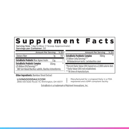Livingood Daily Pre Pro Post Biotics Blend Powder, Digestive Health Supplement with Prebiotics from Organic Blue Agave Inulin, SBO Probiotics, Probiotics for Women & Men