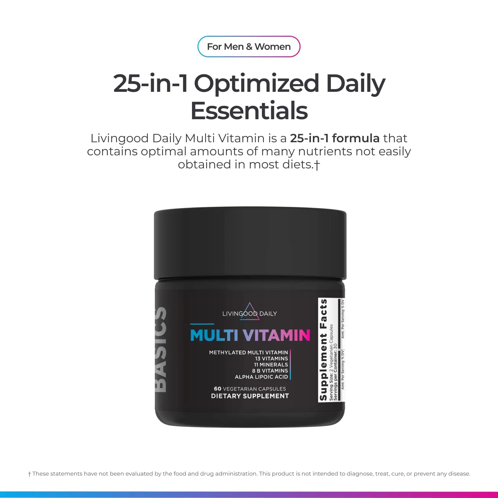 Livingood Daily Methylated Multivitamin for Women and Men, Multi Vitamin Supplement with Alpha Lipoic Acid, B Vitamins, Iron, Zinc and Selenium Livingood Daily