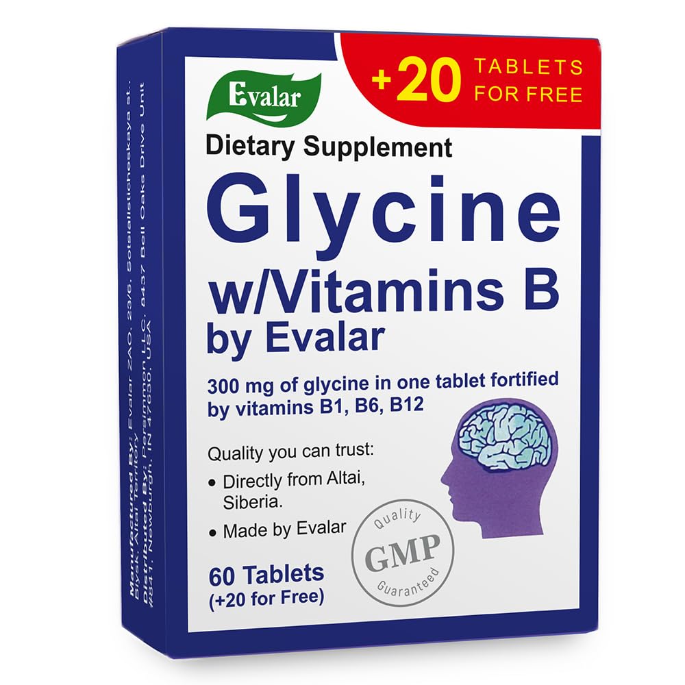Evalar Glycine with Vitamins B dietary supplement box on a white background
