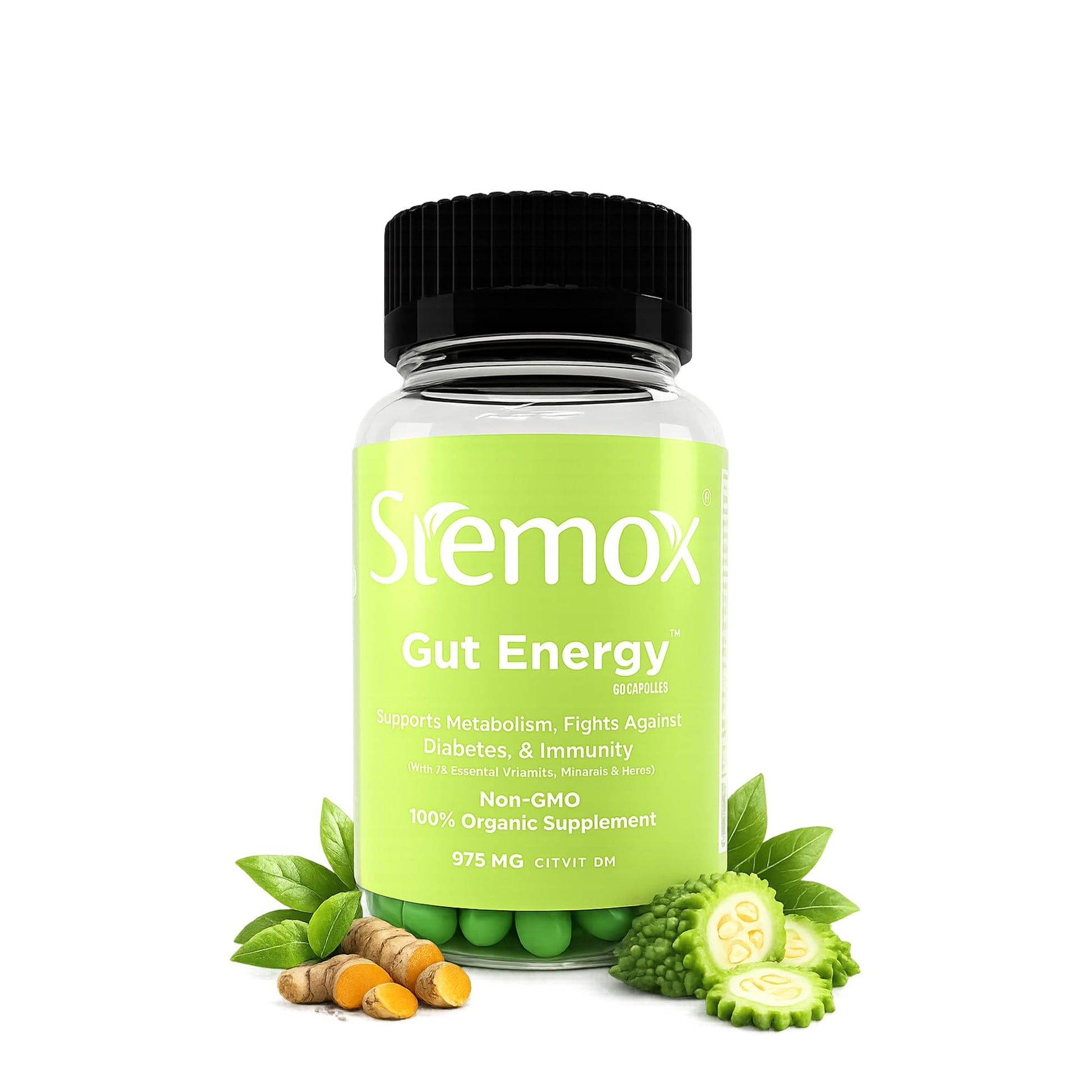 Supplement bottle labeled 'Sremox Gut Energy' with green label and black cap on a white background.