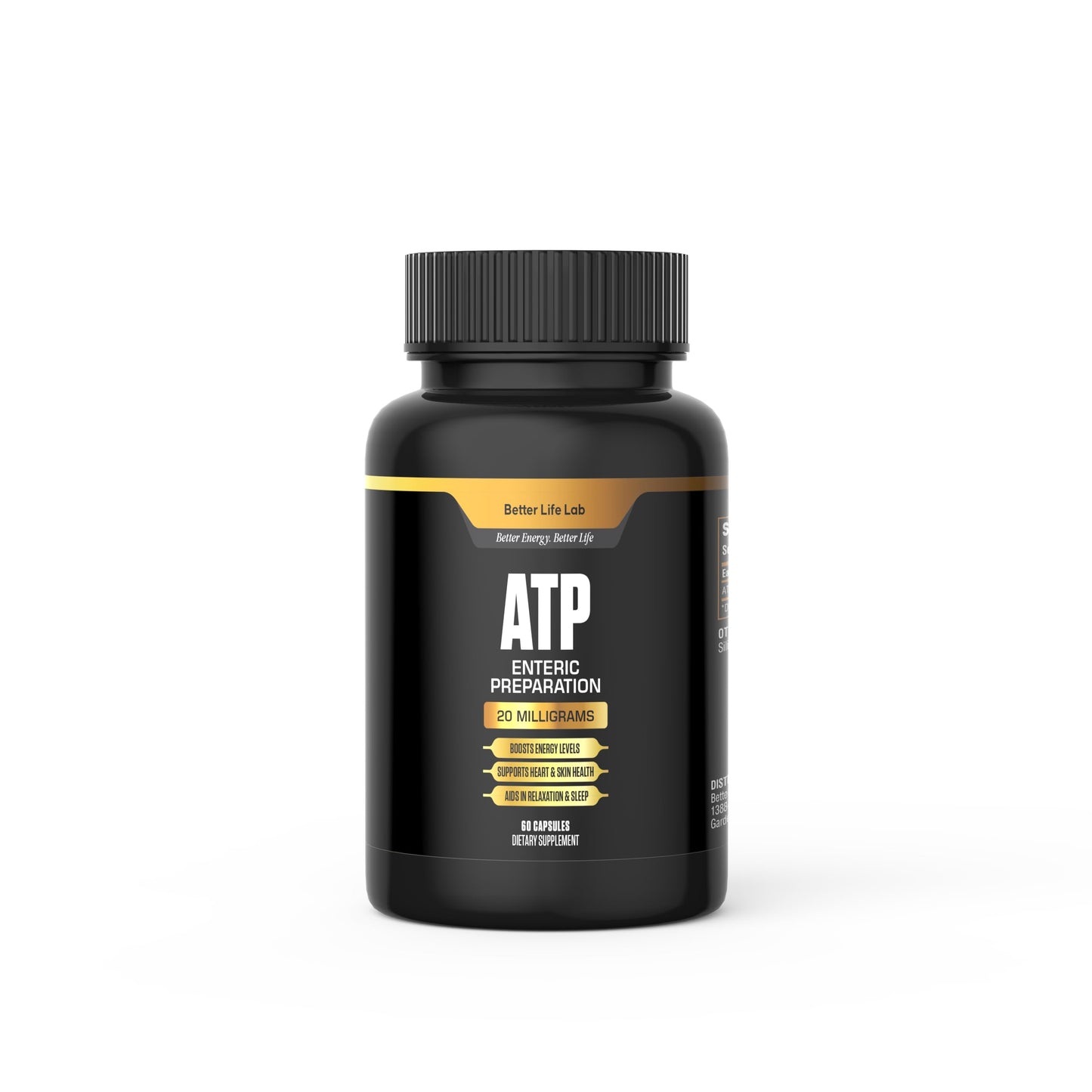 Black supplement bottle labeled 'ATP Enteric Preparation' on a white background