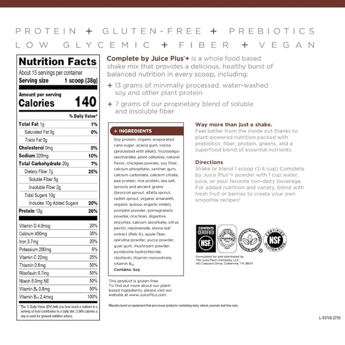 Complete by JuicePlus+ Dutch Chocolate Shakes - Plant-Based Nutrition - Whole Food Based Shake Powder with Protein, Fiber & Prebiotics - 30 Servings (2 Pouches, 15 Servings Each) Juice Plus+ buy supplements Au