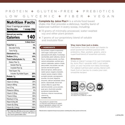 Complete by JuicePlus+ Dutch Chocolate Shakes - Plant-Based Nutrition - Whole Food Based Shake Powder with Protein, Fiber & Prebiotics - 30 Servings (2 Pouches, 15 Servings Each) Juice Plus+ buy supplements Au